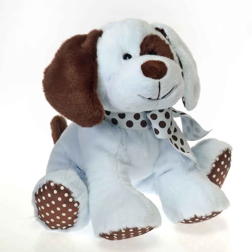 Plush dog with brown and white fur and a polka-dot scarf