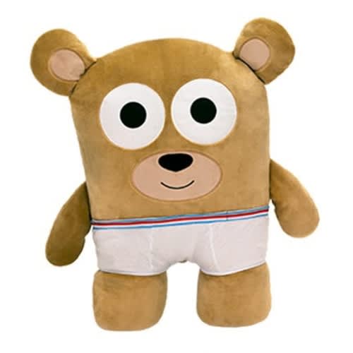 Plush teddy bear wearing white shorts