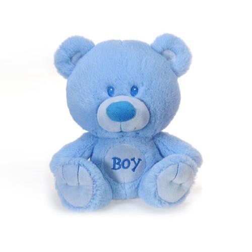 Blue teddy bear plush with "Boy" on its chest