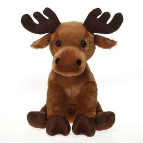 Plush moose toy sitting on a white background