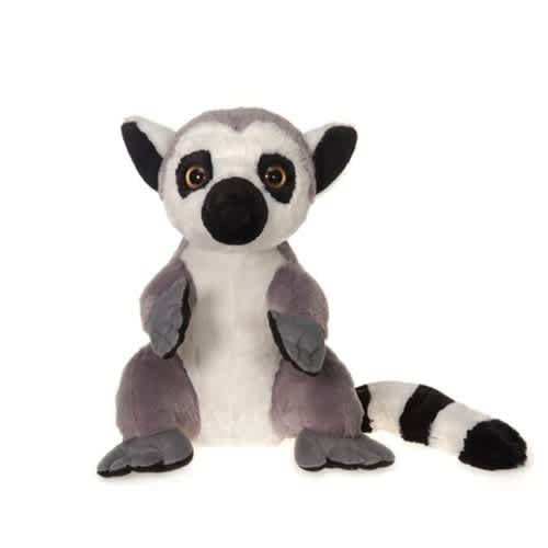 Plush lemur stuffed animal sitting on a white background