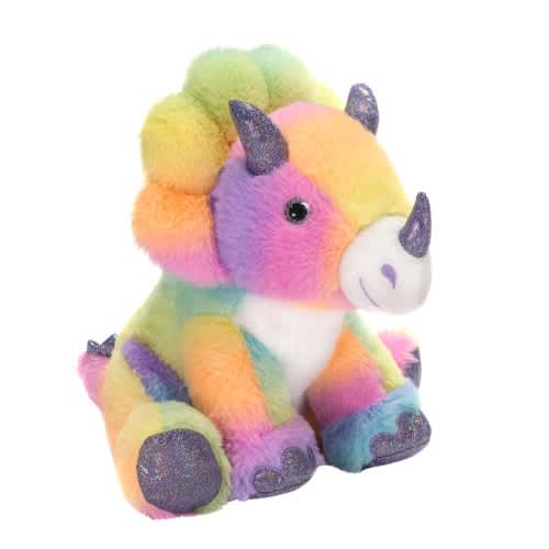 Rainbow plush unicorn toy with glittery horns and hooves
