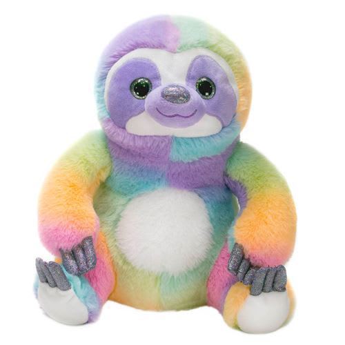 Rainbow plush sloth toy with a white belly and large eyes