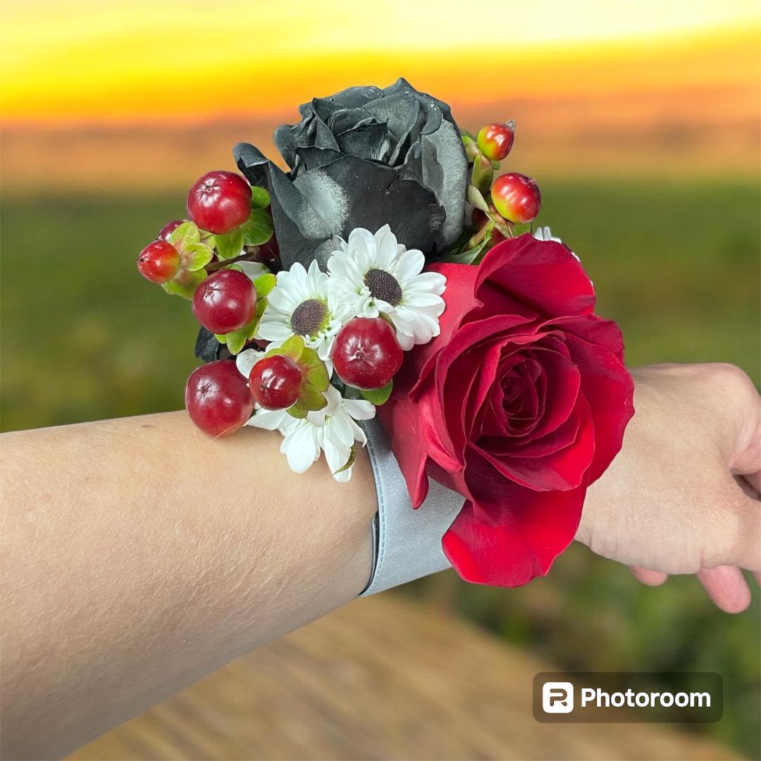 Red rose wrist corsage with white daisies and red berries