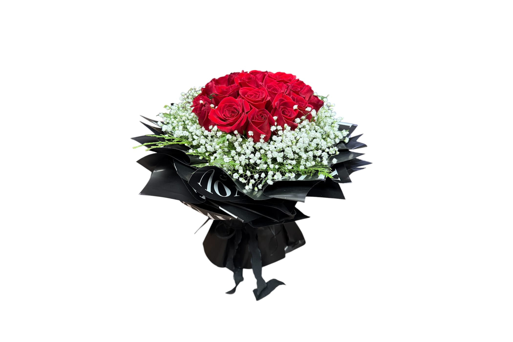 Bouquet of red roses with white baby's breath wrapped in black paper