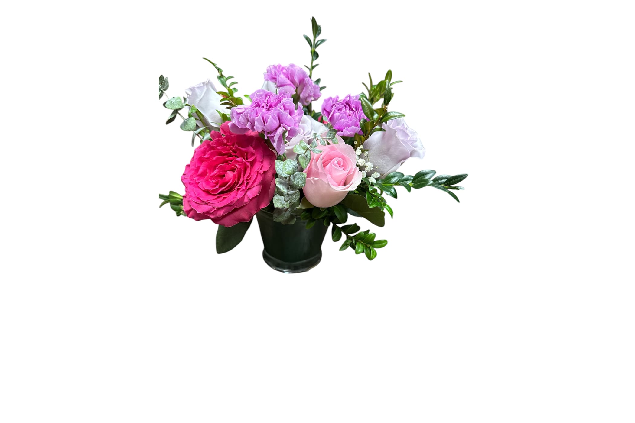 Pink and lavender roses arranged in a dark vase