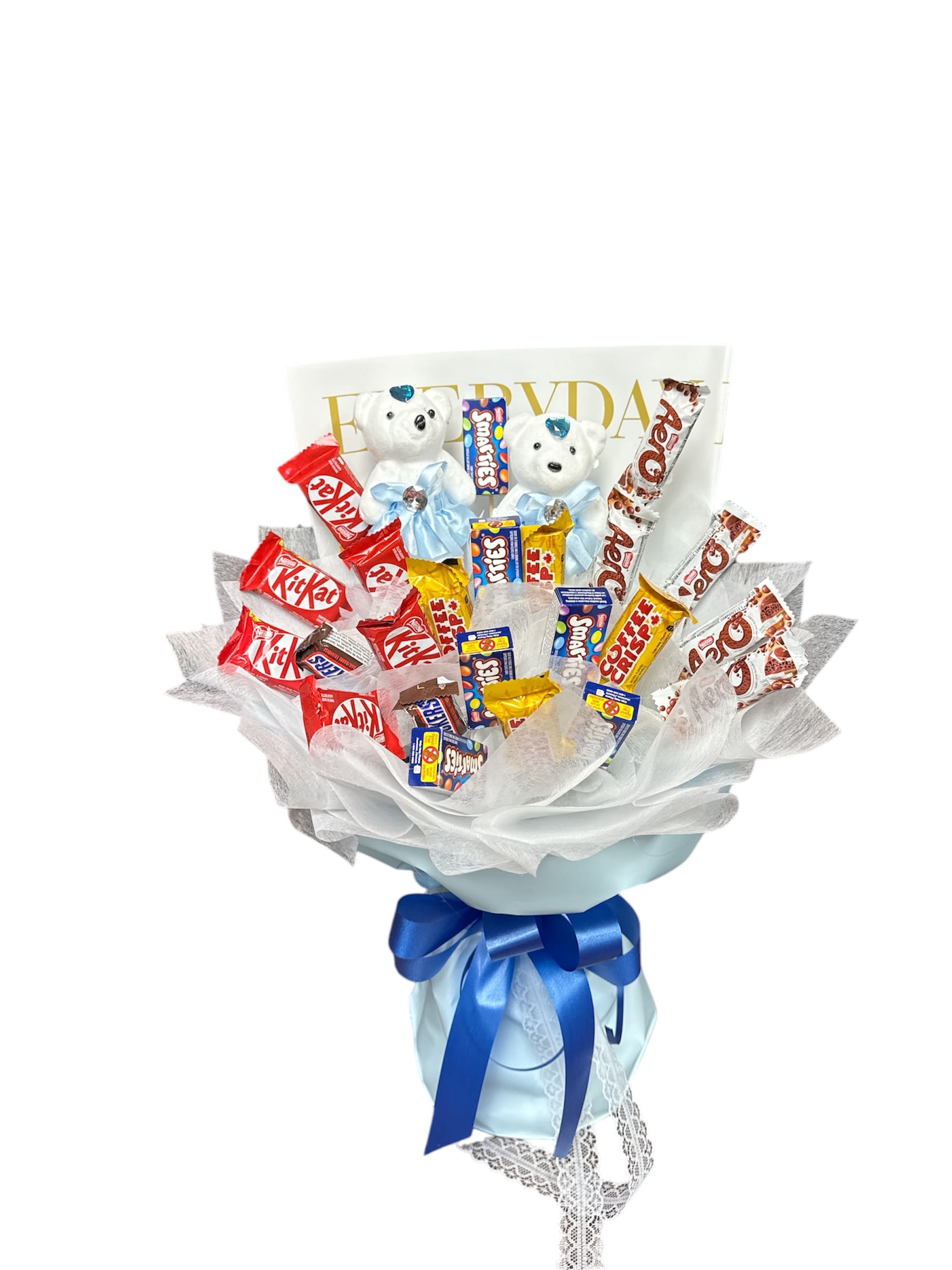 Candy bouquet with two teddy bears and blue ribbon