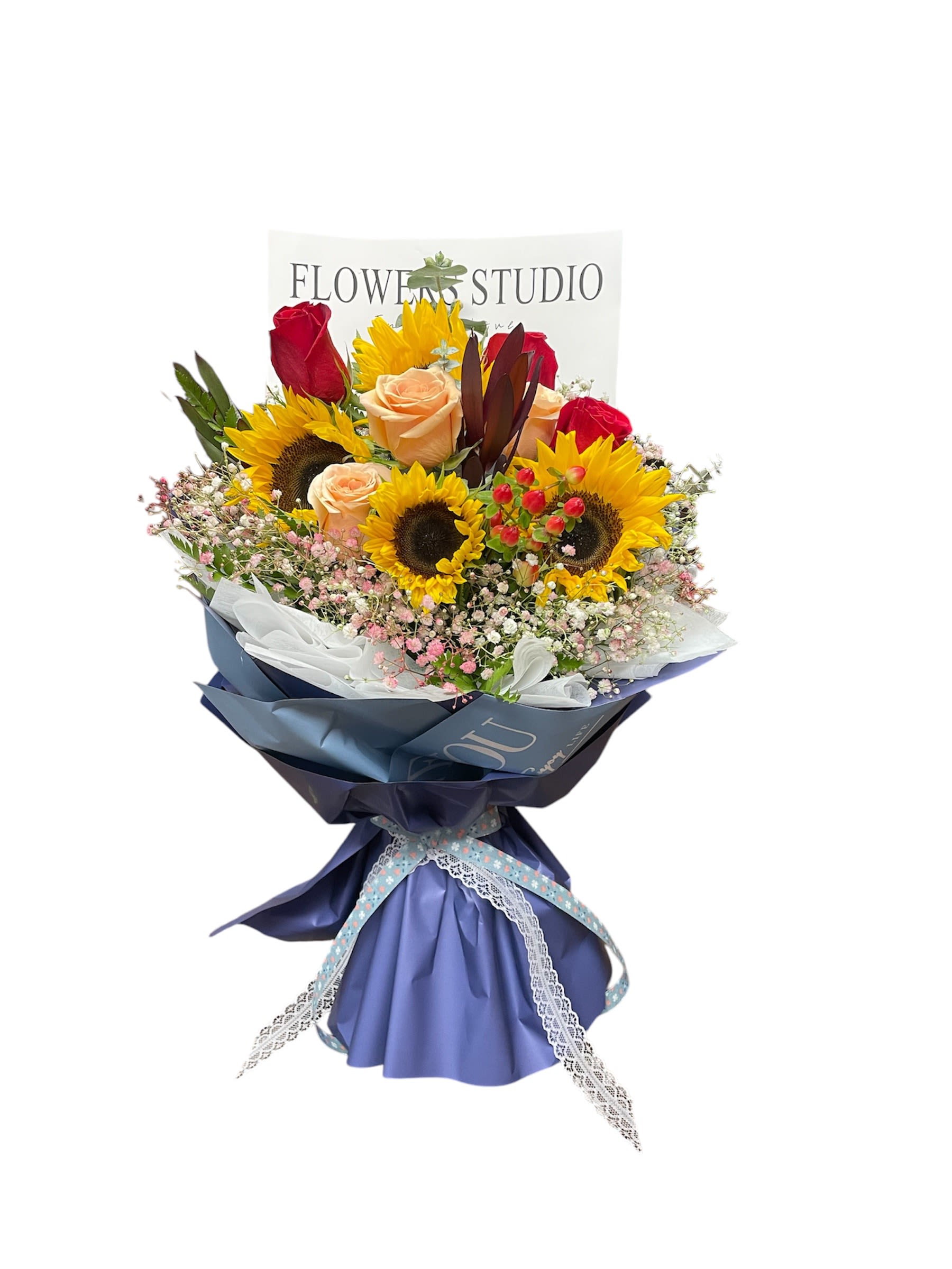 Bouquet of sunflowers and roses wrapped in blue paper