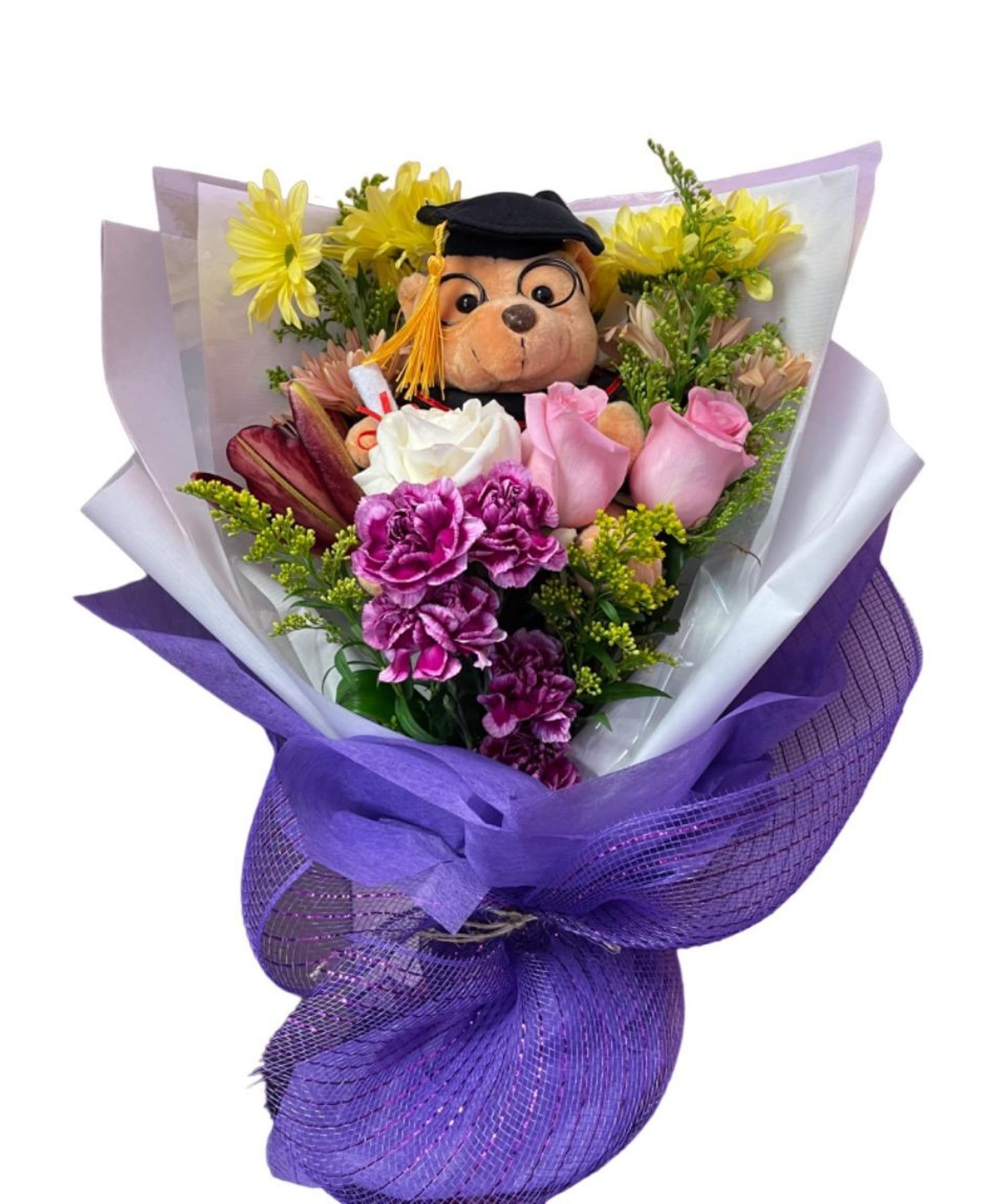 Bouquet with a teddy bear and mixed flowers wrapped in purple paper