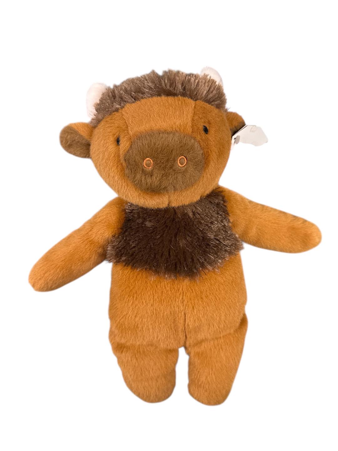 Plush buffalo toy with brown fur and outstretched arms