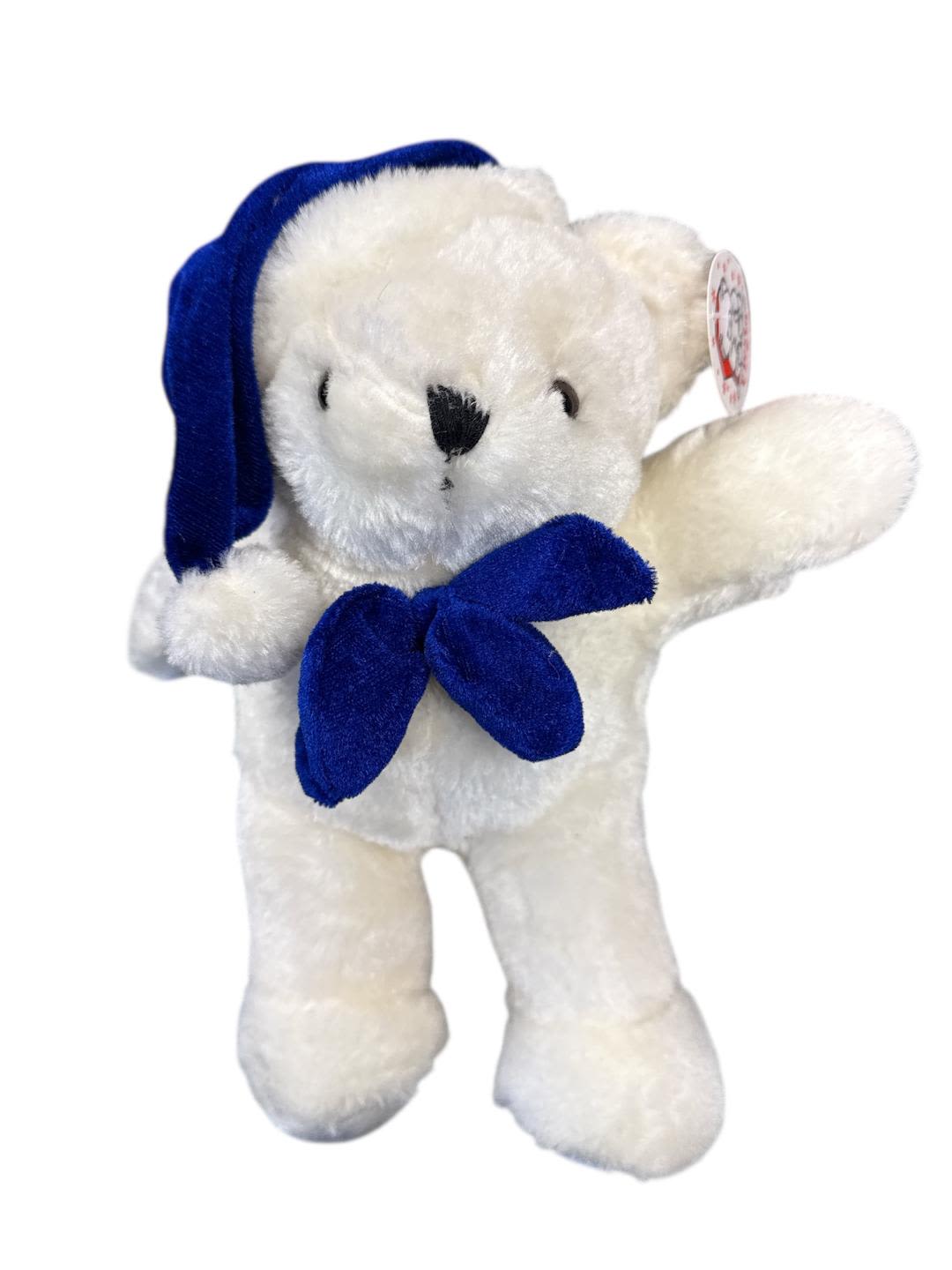 White teddy bear with a blue ribbon and floppy blue hat