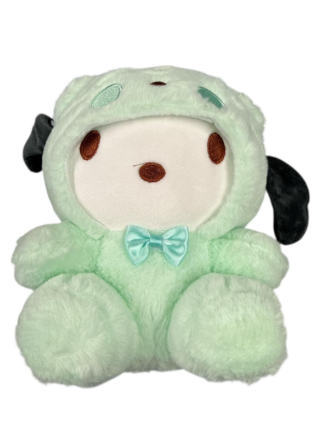 Mint green plush dog with a blue bow