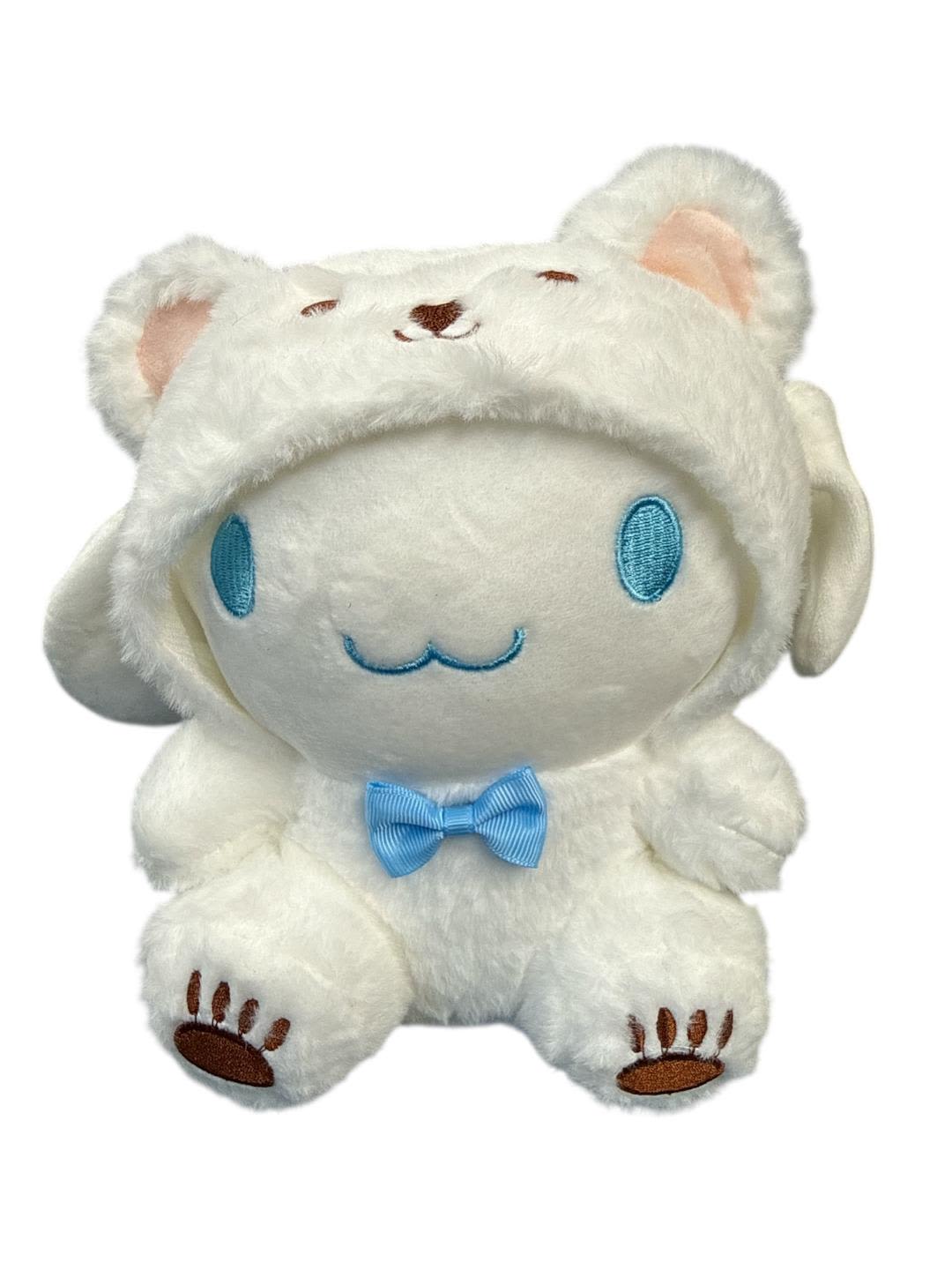 Plush white bear character with blue bow tie and hood