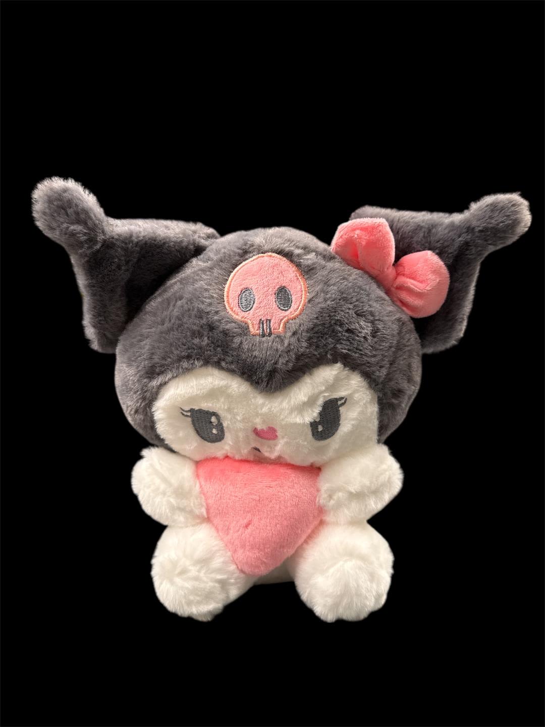 Plush character toy with a pink heart and bow on a black background