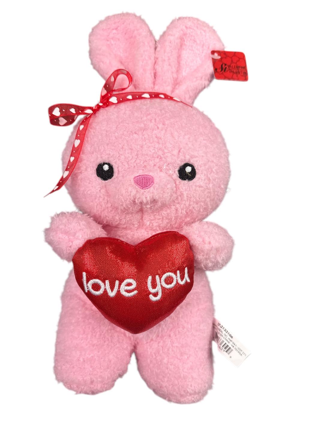 Pink plush bunny holding a red heart with "love you" text