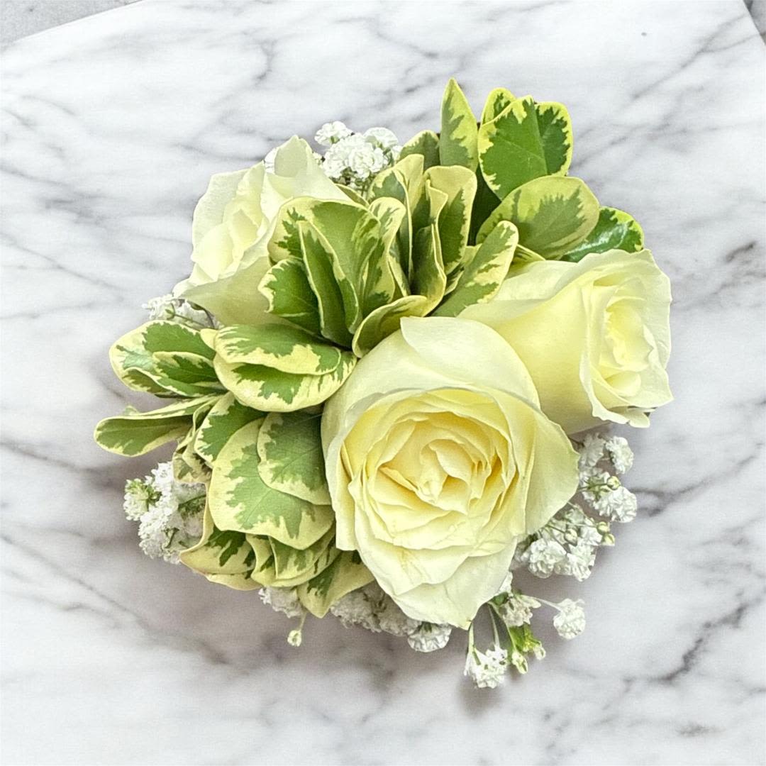 Small bouquet of cream roses with variegated green foliage and baby's breath