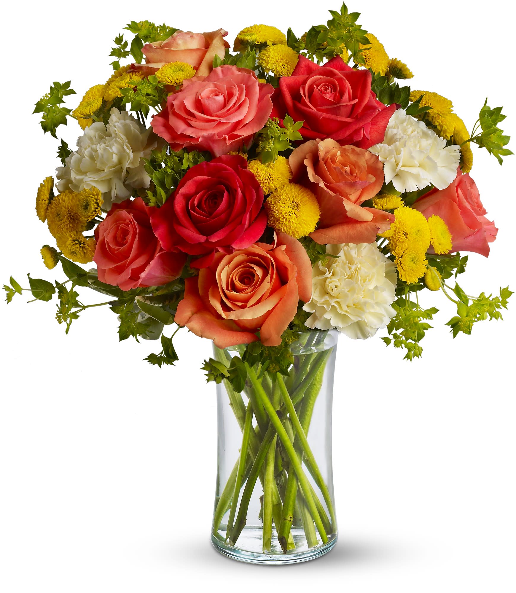 Citrus Kissed  - Like freshly squeezed lemonade on a hot sunny day, this bright and cheerful bouquet is a summer sensation of color! Various shades of roses and complimenting accents of carnations and button mums finish off this happy look.  