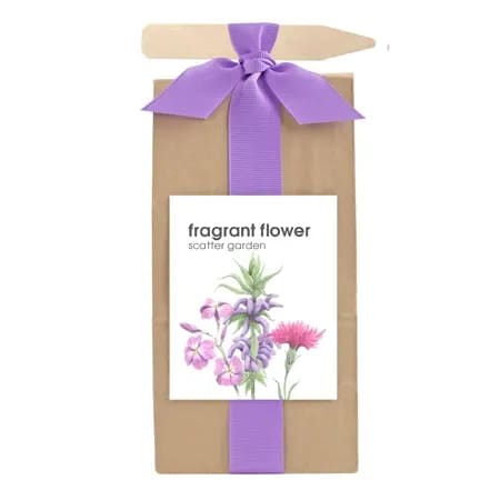 Fragrant Flower Seed Set - A charming gift-ready seed set that feels like a little bouquet in a box - perfect as a casual birthday gift, a springtime hostess present, or a thoughtful "thinking of you" surprise. This fragrant flower seed set arrives wrapped in kraft brown paper and finished with a wide blue or purple ribbon and bow, so the person you're gifting will feel seen from the moment they open it. The soft watercolor label and card featuring coral-pink blooms, small blue flowers, and gentle greenery give the package a handmade, botanical vibe that reads as both decorative and delightfully personal.  Inside the gift box are fragrant flower seeds designed for a scatter garden, presented with a coordinating product label and a card for your message. The palette of blue, pink, purple, and green is reflected in the artwork and suggests the color mix the recipient can expect in their garden; the packaging also includes a ribbon and keepsake-style presentation that makes unwrapping part of the pleasure. Sized for easy gifting and seasonal planting, this set is an inviting way to give someone the long-lasting joy of blooms and scent rather than a one-day bouquet.