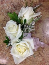 Corsage of three white roses with tiny white filler flowers and a pale pink ribbon bow.