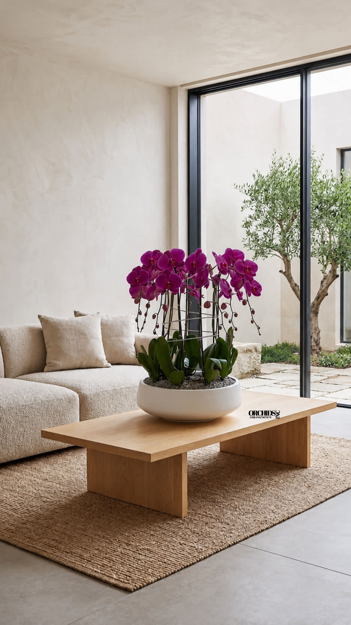 Potted purple orchids in a white bowl planter on a wooden table