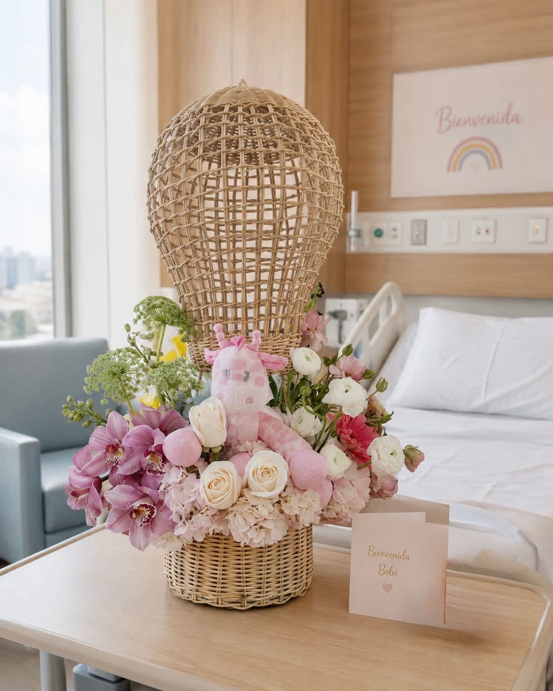 Pink and white floral arrangement with a plush giraffe in a wicker basket