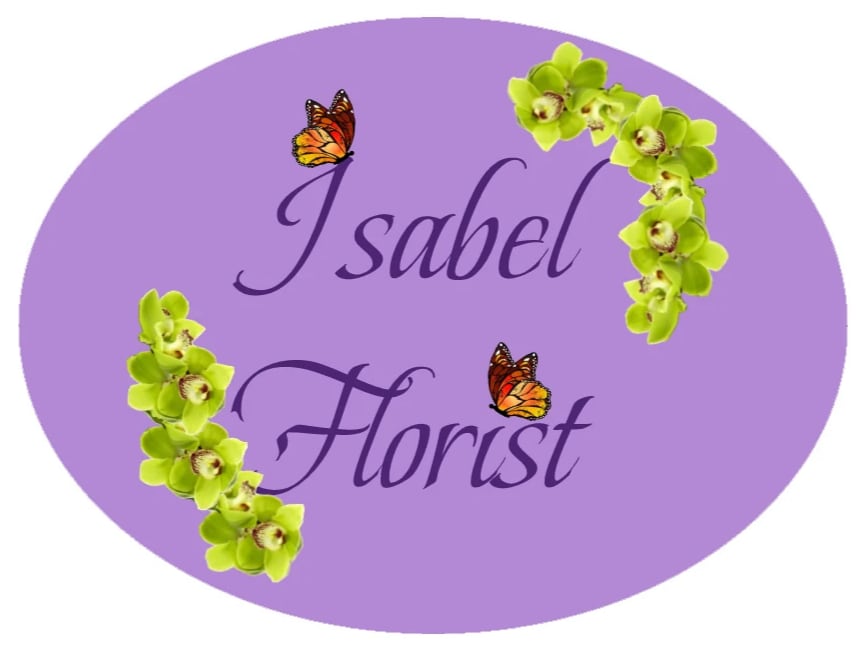 Purple florist logo with green orchid sprays and butterflies