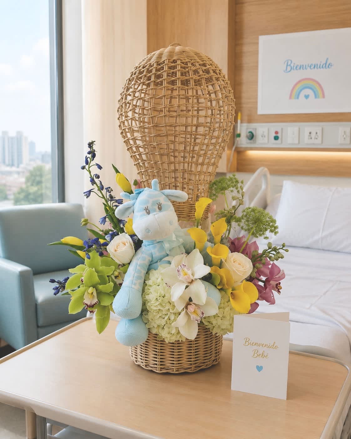 Basket arrangement with a plush giraffe and mixed flowers