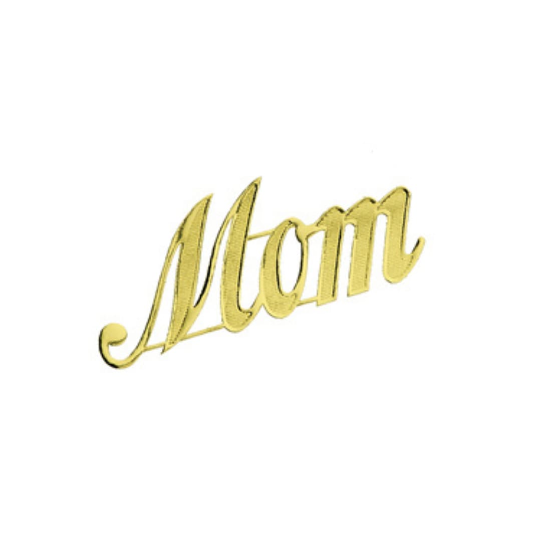 Gold script word "Mom" on a white background