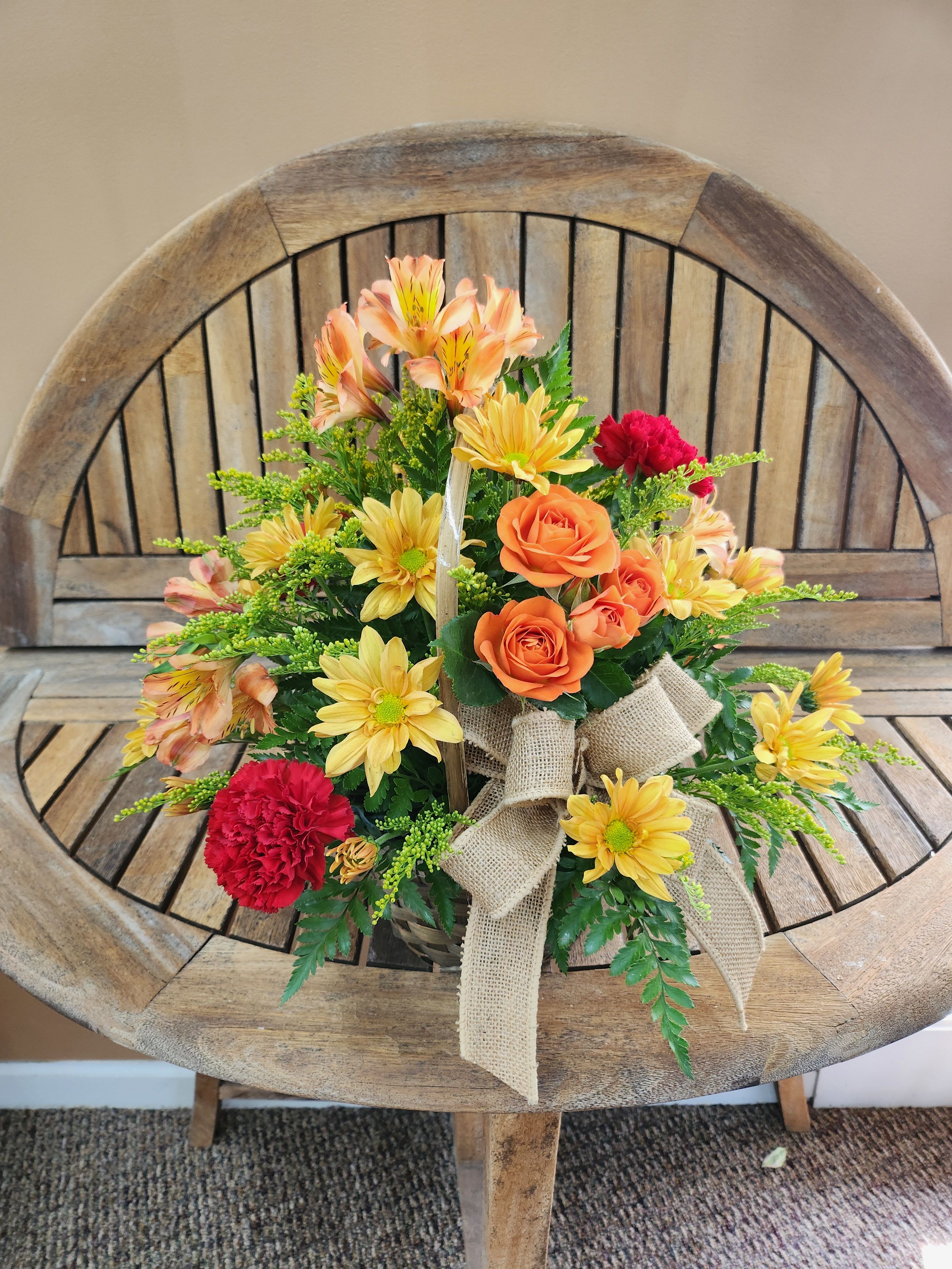 Fall Forever Basket - Mixed fall flowers in basket. Shades of flowers will vary.