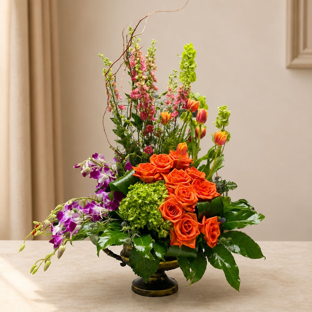 Orange roses and purple orchids in a low vase with tall pink blooms