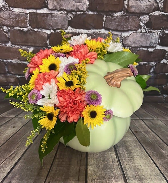 Pumpkin Picnic - A gorgeous sage green ceramic pumpkin filled with a beautiful spread of flowers. Perfect for everyone and any occasion! Approx.  15"W x 15" H