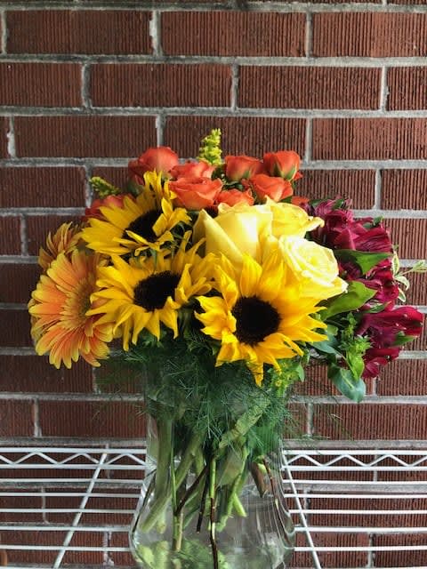 YOU ARE MY SUNSHINE - SUNFLOWERS, ORANGE AND YELLOW ROSES, GERBER DAISIES IN A VASE