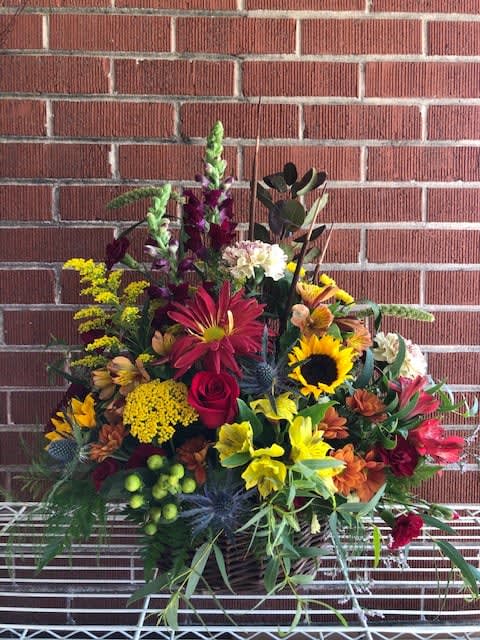 FALL OBSESSED - WICKER BASKET WITH ROSES, DAISIES, SUNFLOWERS, CARNATIONS, SNAPDRAGONS