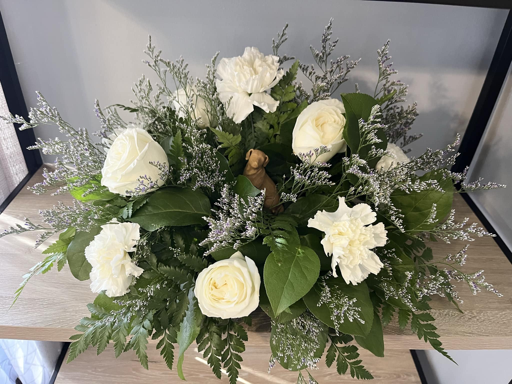 Fur-ever Remembered - A sweet addition to a traditional sympathy piece, our willow tree pets bring a touch of joy during a time of loss.  This arrangement is completely customizable with floral and pet selections.  - Brown dog &amp; orange cat also available