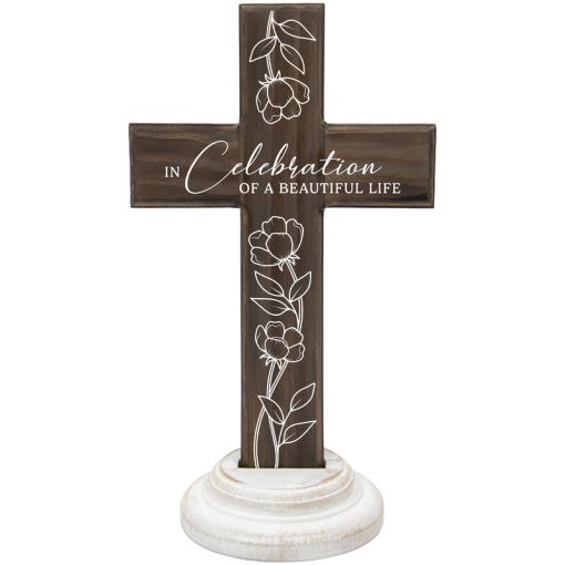 Beautiful Life – Wood Composite Cross - Wood Composite Crosses sat in a bed of fresh greenery.   Deluxe: Upgraded greenery and small filler flowers Premium: Upgraded to premium flower arrangement base  W: 7.00" H: 12.5" D: 4.75"