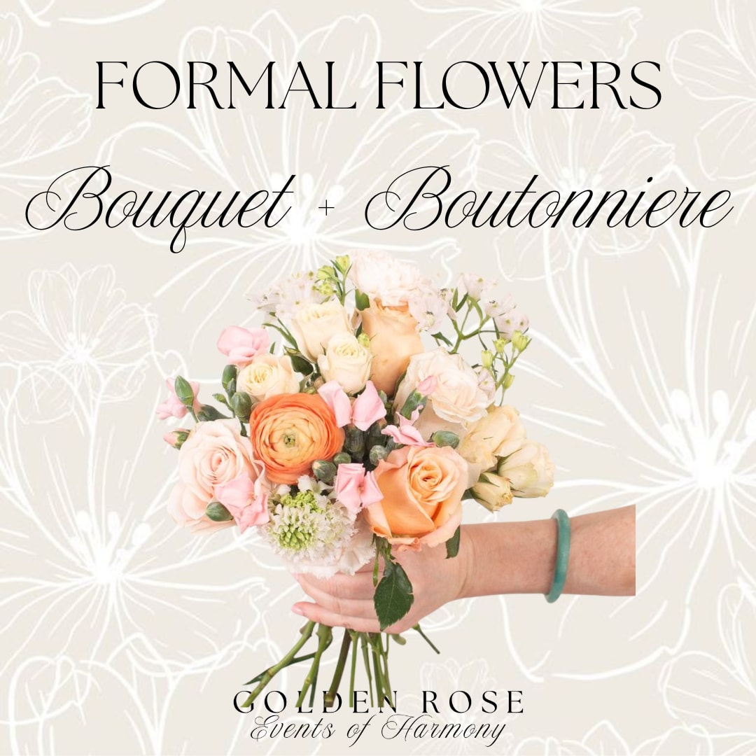 Prom &amp; Formal - Bouquet + Boutonniere  - Make your special night unforgettable with a custom-designed fresh bouquet and boutonniere bundle, tailored perfectly to complement your look for prom or any formal event.  Each set is thoughtfully hand-crafted using seasonal fresh flowers and can be customized to match your style. Whether you’re going for timeless elegance, bold glam, or soft romance—we’ll bring your vision to life!  Bouquets start at $50, with final pricing based on your floral selections and any premium upgrades.  To ensure the perfect match, please include the following in your order notes:  - Dress color - Shoe &amp; jewelry color - Preferred ribbon color - Any floral requests or favorite blooms  Let us help you create a moment that’s as beautiful as you are! 