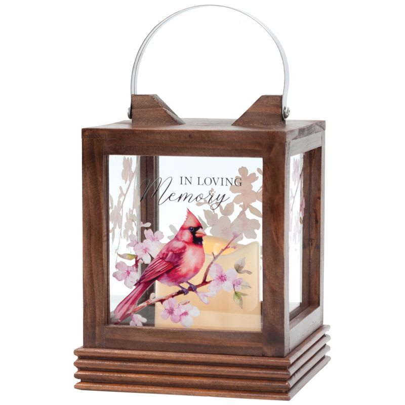 Wooden memorial lantern with a cardinal and cherry blossoms