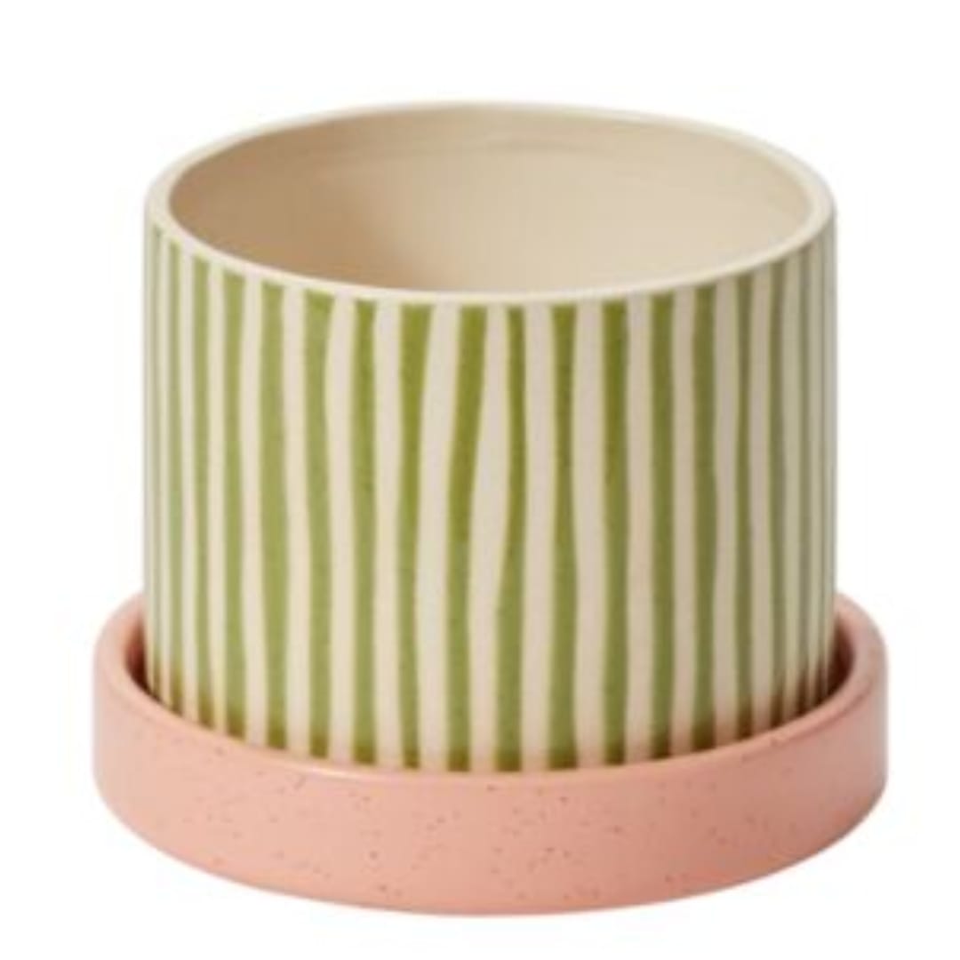 Melancia Pot with Saucer - 5.5"x 4.25" - Reminiscent of a watermelon with its playful striped pattern &amp; energizing hues, the small Melancia Pot lifts up the room with color. This pot with a drainage hole features hand painted glossy green vertical stripes on a natural clay base that contrasts nicely with the smooth matte coral pink saucer with a speckled finish. This fun indoor plant pot makes a happy addition to a modern plant shop &amp; home decor.