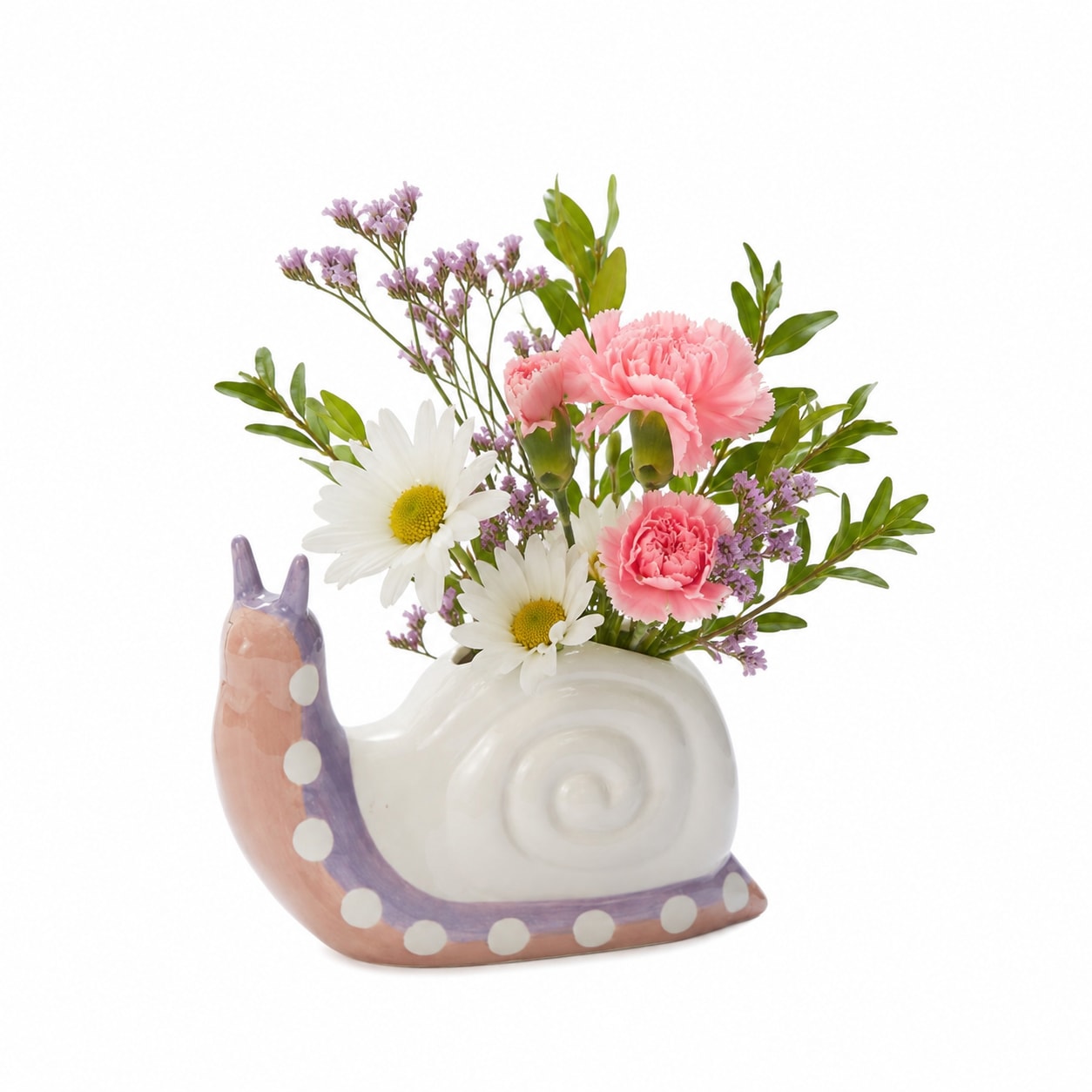  Take Time Budvase - Artist Jessica Hiemstra knows how to pick out the charm of nature to create unique, customer-favorite designs, like the ceramic Take Time Budvase. This delightful snail features 3 holes on top with hand-painted, watercolor-like pink &amp; purple detailing on natural white clay. Add a small bunch of blooms or a few fresh-cut spring stems for a whimsical Easter or spring accent piece. - 6.25"x 2.5"x 5" DELUXE: florist choice blooms added to bud vase 