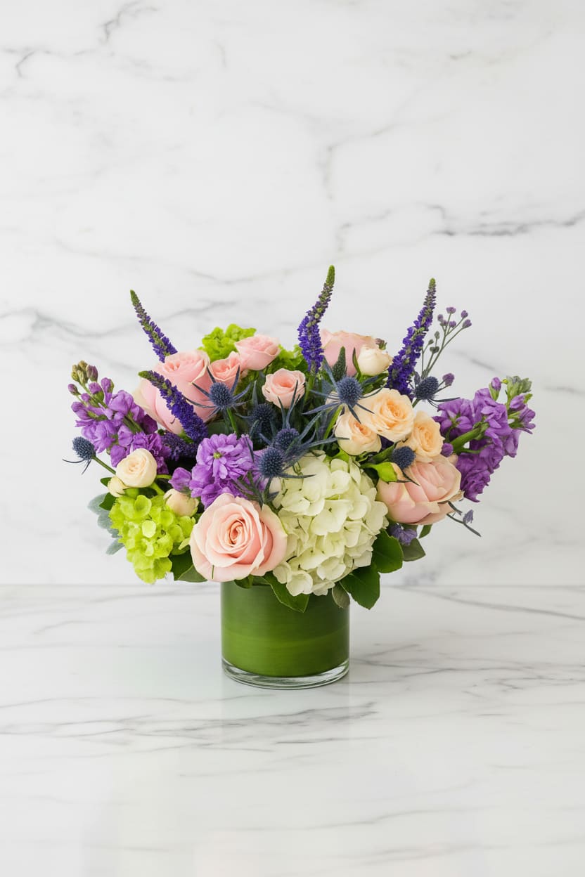 Bouquet of pink and cream roses with purple flowers in a green vase