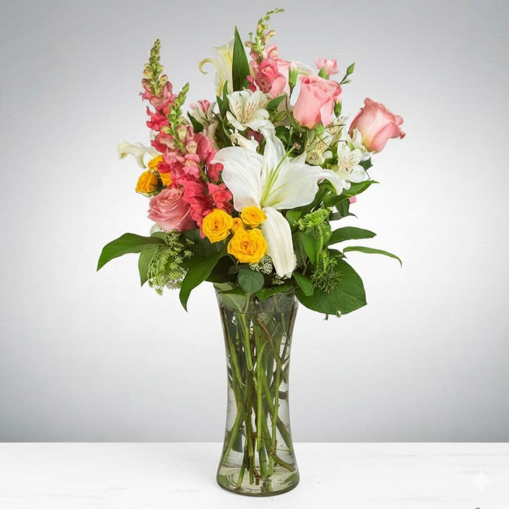 Rapunzel by BloomNation™ - Tall, airy and full of personality, this floral arrangement is a birthday-ready bouquet that also makes a thoughtful Mother's Day, springtime, or "just because" surprise. The vertical silhouette in a flared clear glass vase gives the display a fresh, elegant presence-perfect for sending thanks, congratulations, or warm get-well wishes to the person you're thinking of.  A curated mix of white lilies, pink roses and snapdragons, soft pink carnations, yellow spray roses, and white alstroemeria creates a cheerful palette of pink, white, and yellow. The lilies form a luminous focal point, while clusters of spray roses and alstroemeria add delicate texture; stems are visible through the water for a clean, classic look. Each bloom is chosen and arranged by the designer to feel both luxurious and personal.  Sized to make an impression without overwhelming a tabletop, the arrangement measures approximately 13" diameter by 24" height in its clear glass vase. For best enjoyment, recut stems and refresh the water every few days; it's the kind of bouquet that will make her feel genuinely seen-whether you're celebrating a birthday, saying thank you, or brightening an ordinary spring day.