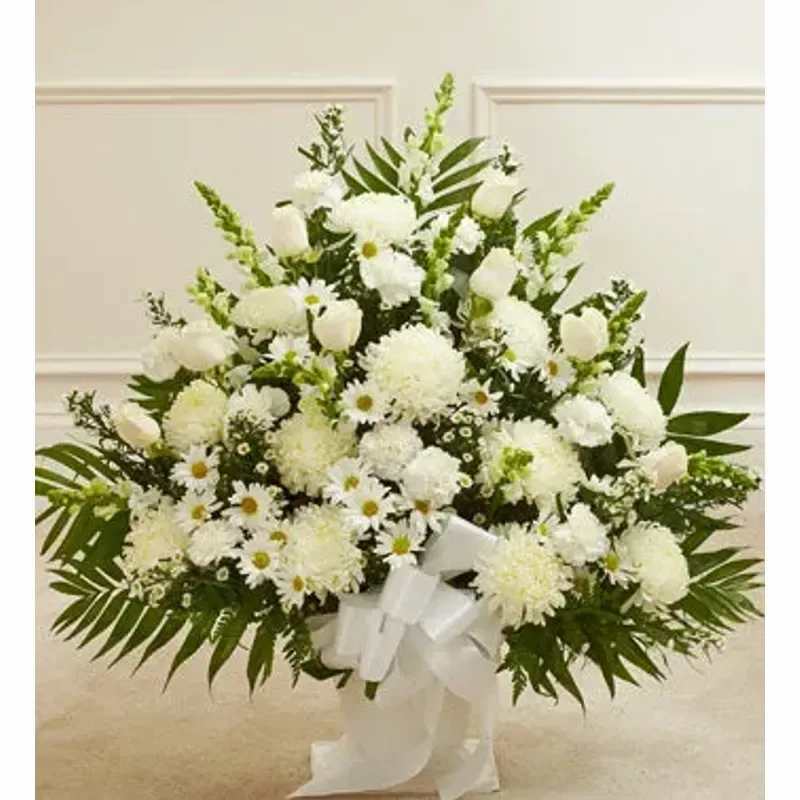 Tribute 201 - All White Mixed Flowers Fan Shaped Arrangement. 