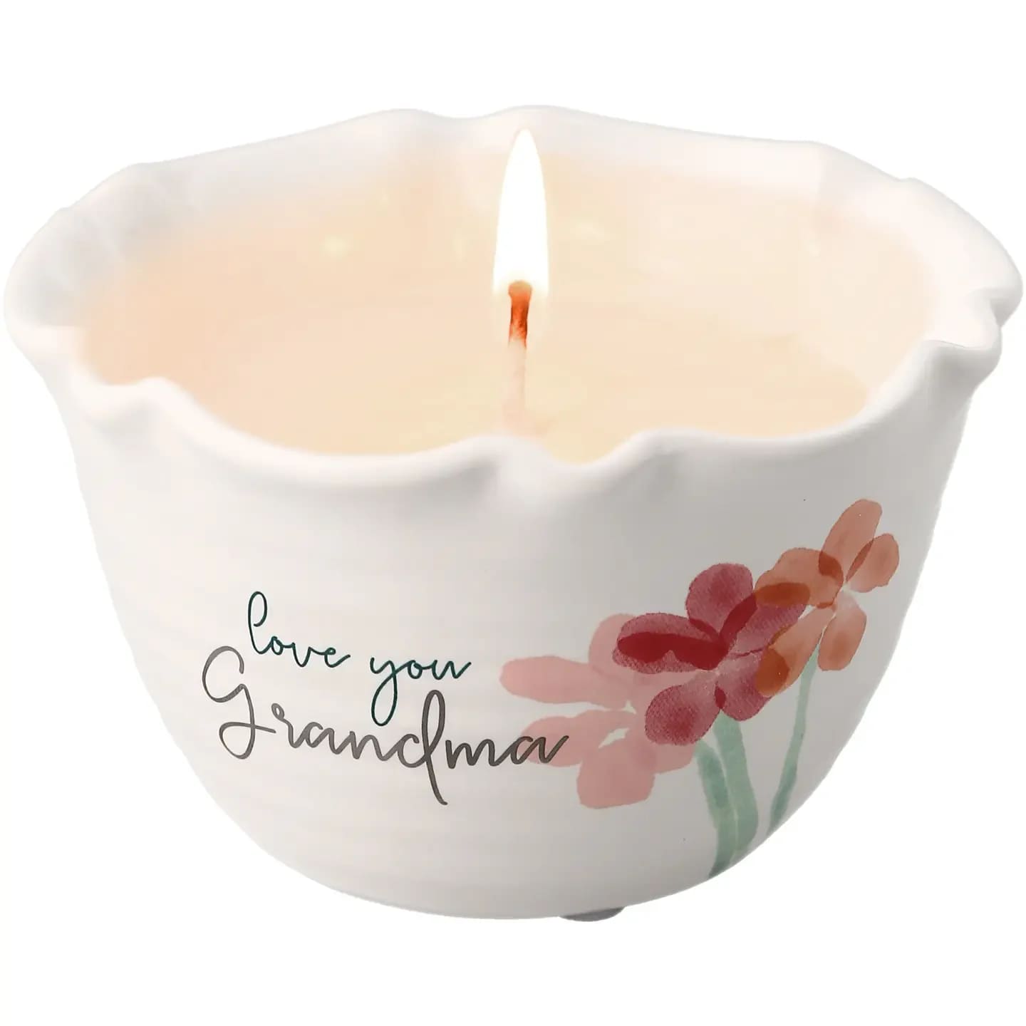 Grandma - 9 oz - 100% Soy Wax Candle Scent: Tranquility - Organic wave-shaped handmade pottery feel stoneware vessel with 100% cotton single wick, lead, and nickel-free. The wax is tranquility scented and burns for up to 33 hours. Three foam feet pads are attached to the bottom of the relaxing candle to protect furniture surfaces. Measures 5" wide x 3" inches tall holding 9 oz of 100% soy wax. 