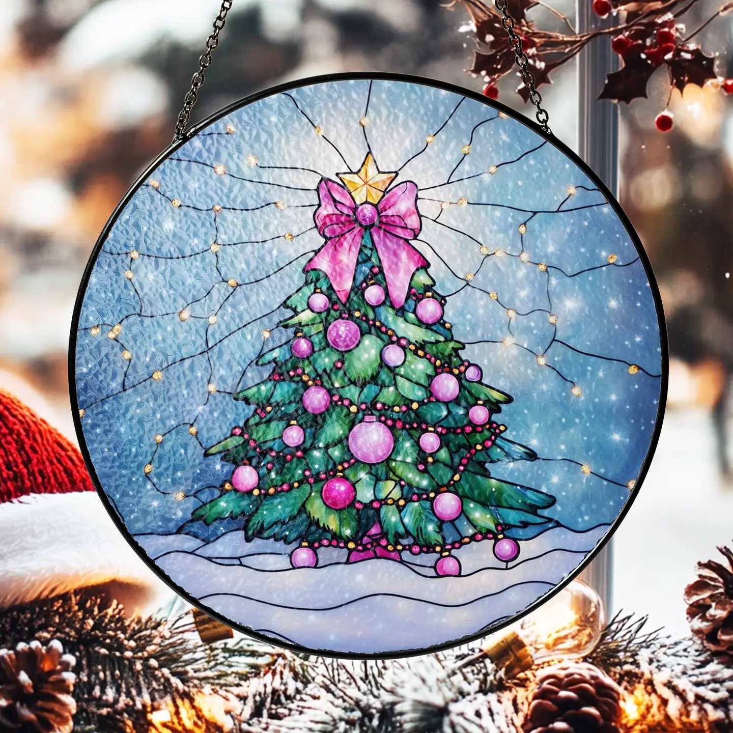 Round hanging ornament with a decorated Christmas tree and pink bow