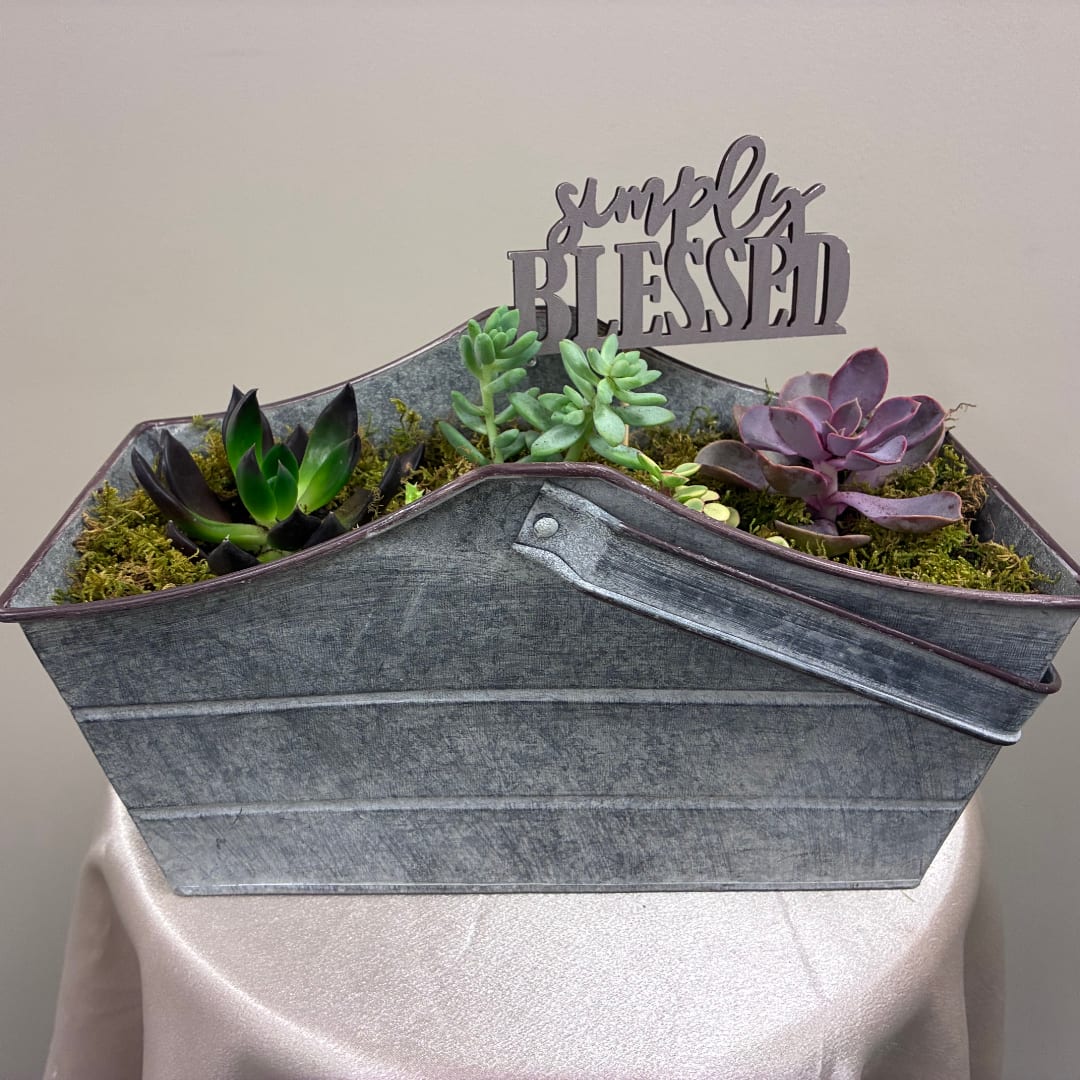 Succulent arrangement in a galvanized metal container with a "simply blessed" sign.