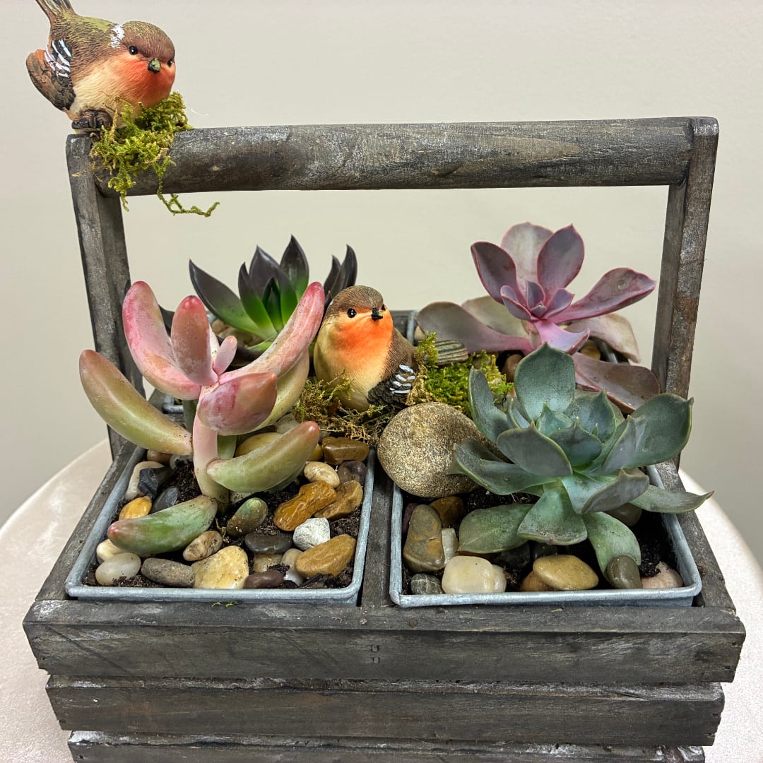 Succulent arrangement in a rustic wooden basket with two bird figurines