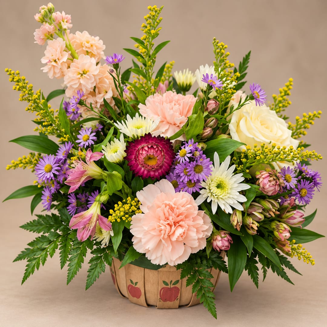 Mixed bouquet in a wooden basket with pink, white, and purple flowers