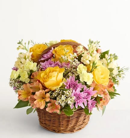 Spring Cottage - Give this as a sunny pick-me-up or a thoughtful token of appreciation-the rustic basket makes it display-ready on a kitchen table or entry console. No special care beyond fresh water and a cool spot keeps the blooms looking their best; choose this arrangement when you want someone to feel genuinely uplifted