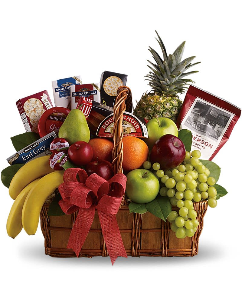 Bon Vivant Gourmet Basket - Life really can be a picnic for whoever is lucky enough to receive this tasteful basket. Overflowing with deliciousness, it's perfect for a party or a delightful day at the park! Red and green apples, bananas, pears, oranges, a pineapple, green grapes, pretzels, cheeses and crackers, gourmet chocolates and cookies and Earl Grey tea. This feast comes delivered in a handled wicker basket complete with red organza ribbon. Bon appÃ©tit!