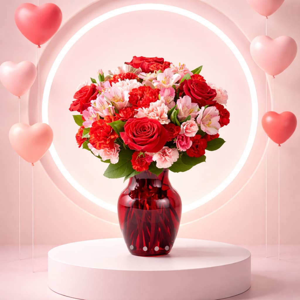  Precious Bouquet - Blushing shades of pink blooms are nestled in lush greens to charm anyone's day. This bouquet is abundant with a classic assortment of pretty florals – roses, alstroemeria and carnations to name a few.